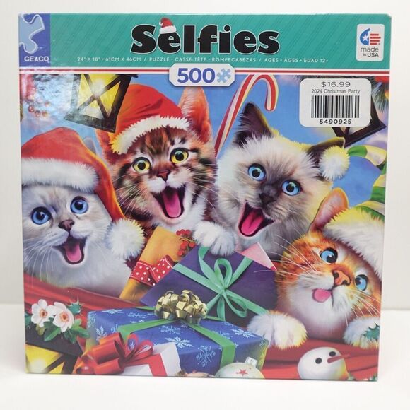 Ceaco 500 Piece Jigsaw Puzzle Selfies Cats Christmas Party - Picture 1 of 8